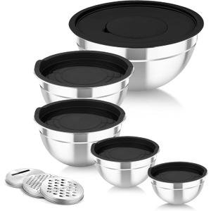 TeamFar Mixing Bowls with Airtight Lids, 5PCS Stainless Steel Metal Salad Bowl with 3 Grater Attachments, for Cooking, Prepping, Serving, Healthy & Easy Clean - 0.7/1/1.5/2.6/4.6QT, Black