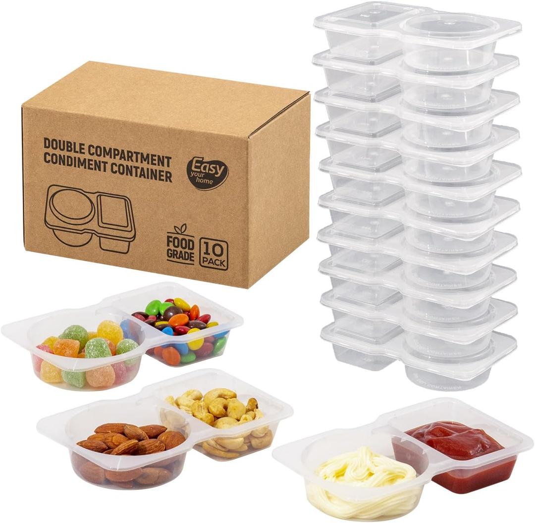 4 x 10 Sets Double Compartment Condiment Containers with Lid, Small Plastic Clear Container for Sauce Snack Refrigeration Outdoor Takeaway, Food Grade BPA-Free