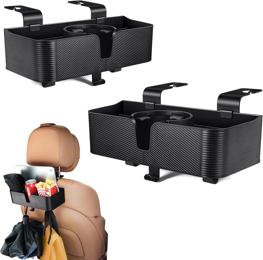 Amazicha Car Headrest Backseat Organizer with Hooks, 3 in 1 Seat Back Organizer Headrest with 3.7inch Cup Holder for Car Backseat Travel Accessories, 2PCS