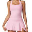 ABEHIK 2 Piece Tennis Dresses for Women Padded High Waisted Side Slit Sleeveless Athletic Tennis Skirts Set Seamless Mini Workout Dress Built in Shorts Racerback Tank Top Yoga Golf Outfits Pink S