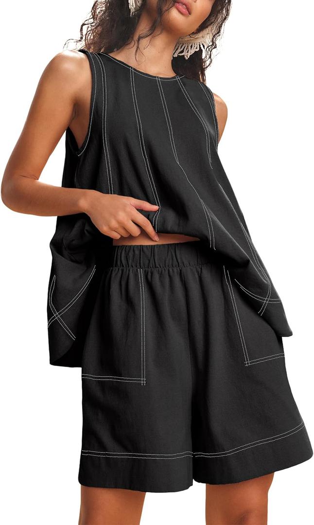 Womens 2 Piece Lounge Set Casual Summer Outfits Sleeveless Tank Top and Elastic Waist Shorts with Pockets (Black, XS)