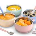 Bakpoco Toddler Bowls with suction & Utensils Set, 2-in-1 Stainless Steel 304 Kids Feeding Bowl & Silicone Suction Baby Bowl with Spoons and Forks, First Self-feeding Training Set, Organic Bloom