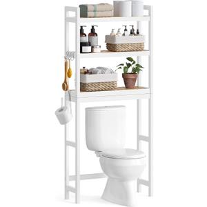 SONGMICS Over The Toilet Storage, 3-Tier Over Toilet Bathroom Organizer with Adjustable Shelf, 10.2 x 24.8 x 66.9 Inches, Space-Saving, Cloud White and Natural Beige UBTS001W02