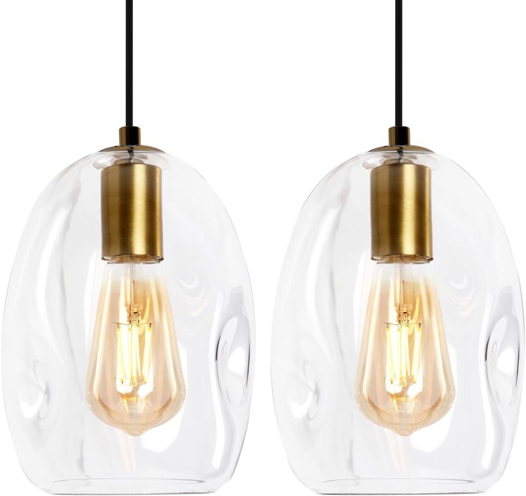 2 Pack Pendant Light Kitchen Island Modern Ceiling Hanging Light Fixtures Glass Pendant Lighting for Dining Room Bar Porch Bedside, Brass