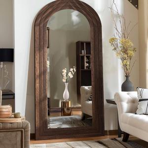 Arched Full Length Mirror with Solid Wood Frame, 71x32 Farmhouse Wall Mounted Floor Mirror with Stand, Vertical Hanging, Leaning Standing for Bedroom, Living Room, Brown