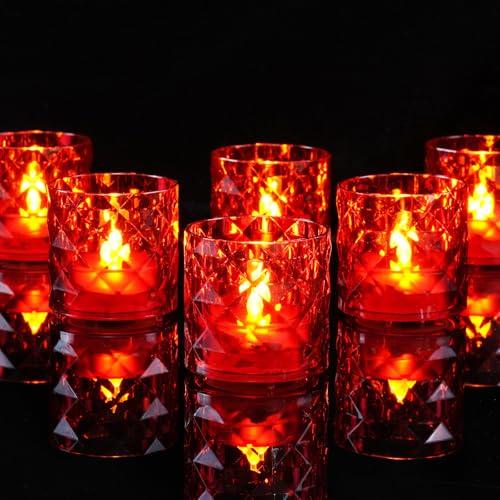 Homemory 2" x 2" Acrylic Votive Candle Holders with Auto Timer Flameless Led Tealight, Battery Powered Fake Electric Candles for Wedding Centerpiece, Table, Christmas Decor (6Pack, Red Base)