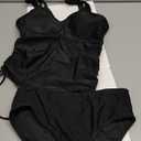 Century Star 2 Piece Girls Tankini Swimsuit - UPF 50+ Front Cutout Black Swimsuit Set Adjustable Straps Ink Jet Black 14-15 Years