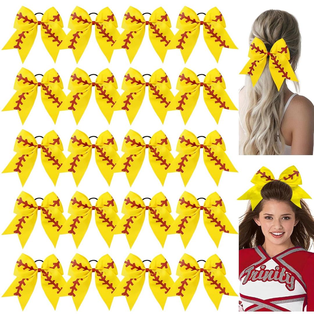YLEN YHXX 20 PCS 8" Large Softball Cheer Hair Bows Cheerleading Bows with Ponytail Holder Elastic Band Handmade for Cheerleading Teen Girls College Sports Softball Yellow