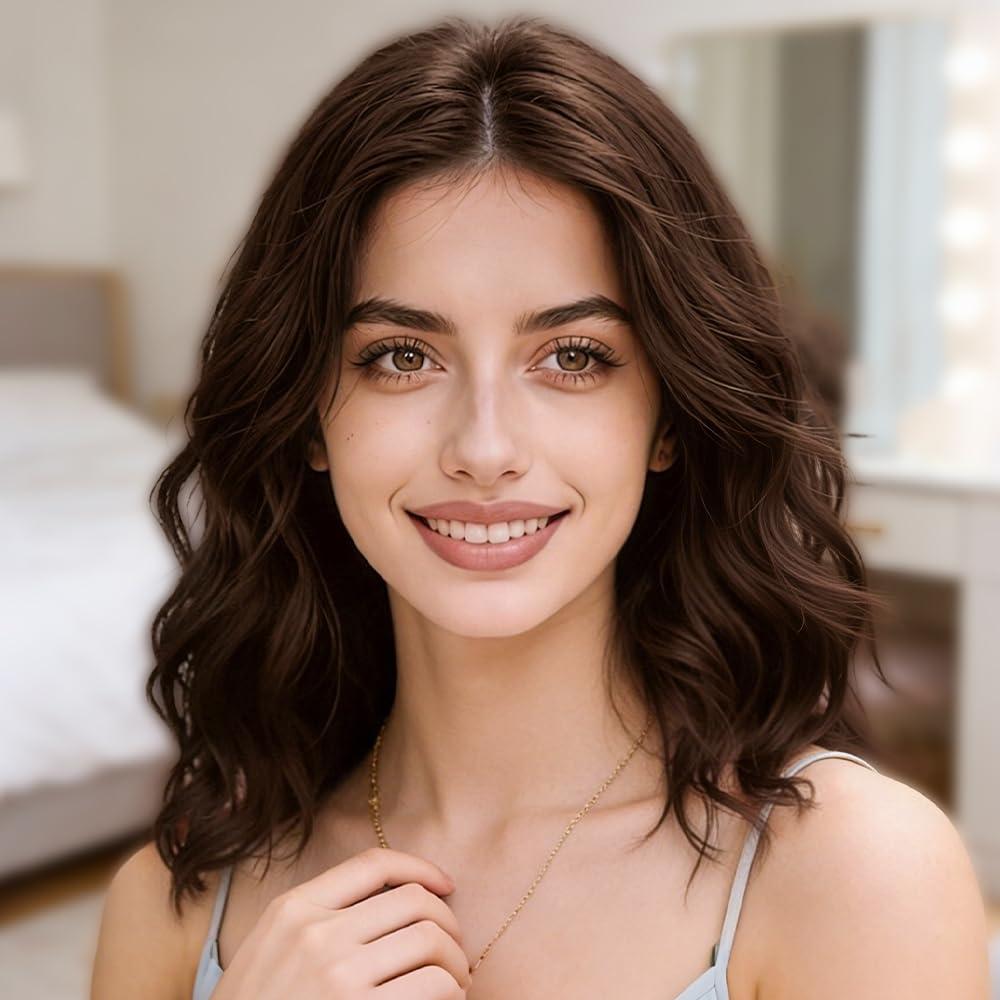 Caramel Black Brown Short Wavy Synthetic Wig Bob Style Realistic Natural Lace Hairline High Temperature Resistant Fiber Wigs for Women Should Length Middle Part Everyday Style 14 Inch