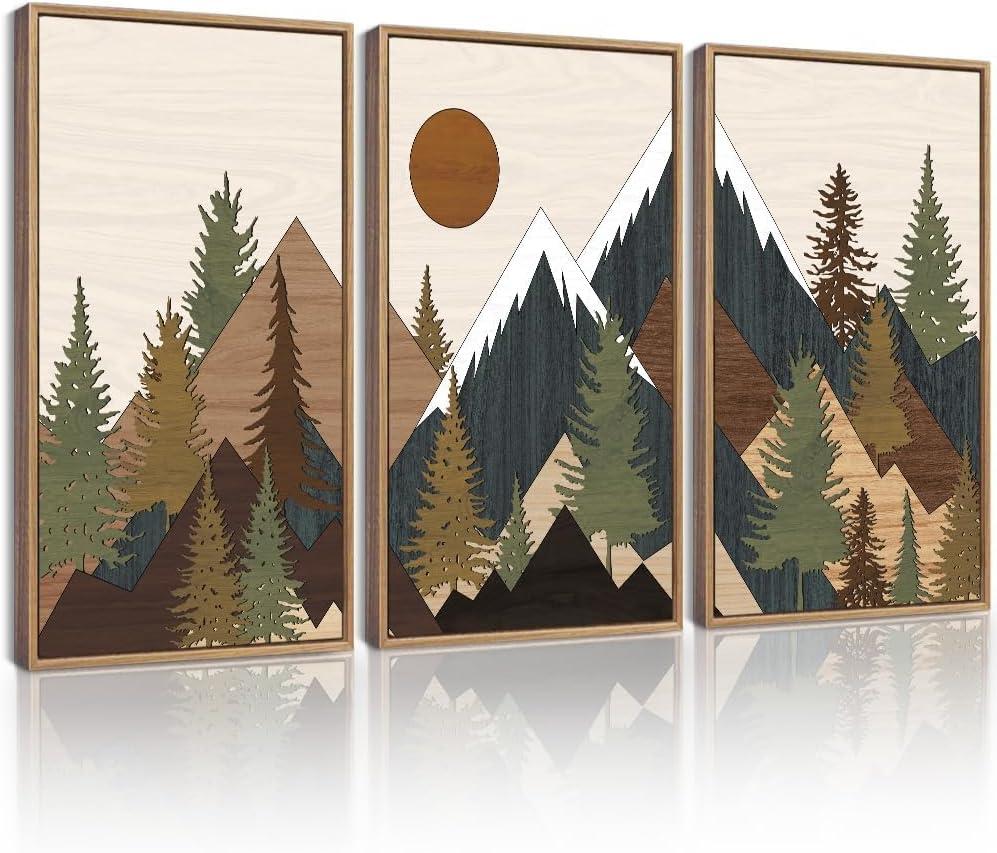 KUVIOKE Morden Mountains Framed Wall Art Boho Pine Tree Forest Nature Landscape Artwork Bohemain Farmhouse Rustic Bedroom Living Home Decor 16x24in (Natural Framed) (Wooden Mountain Sunrise)