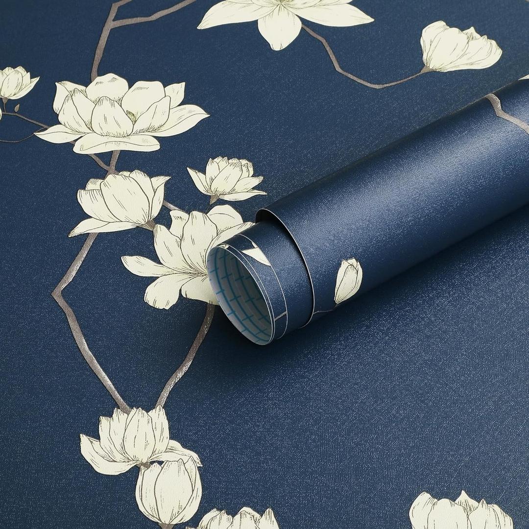 GloryTik Dark Blue Floral Peel and Stick Wallpaper Beige Flowers Contact Paper Self Adhesive Removable Chinoiserie Wall Paper for Living Room Bedroom Bathroom Wall Vinly Roll Decor 17.3" X 197" (17.3" x 197", Dark Blue and Beige)