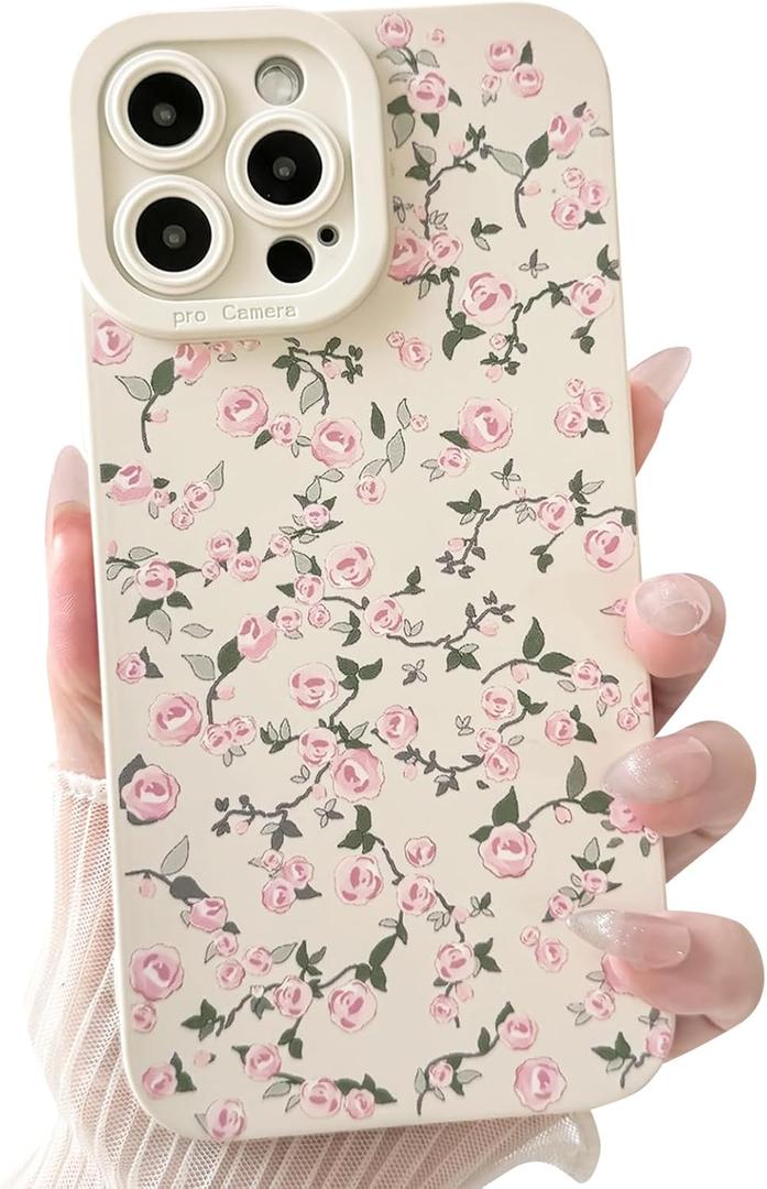 Compatible with iPhone 14 Pro Case Cute Aesthetic Flower Floral Vintage Rose Pattern Design for Women Girls Soft TPU White Back Shockproof Protective Phone Cover. Red Roses