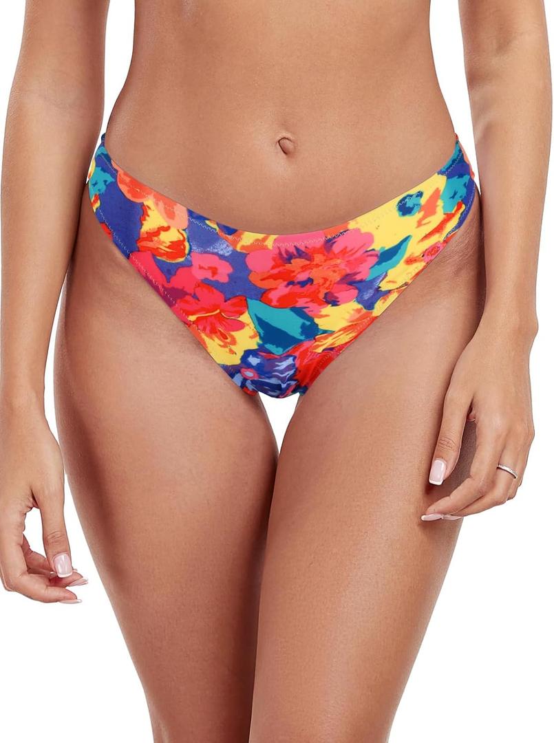RELLECIGA Women's Cheeky Mid Waisted High Cut Bikini Bottoms (Medium, Colorful Floral)