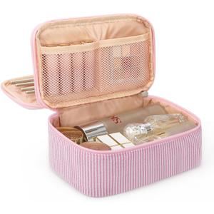 Relavel Cute Makeup Bag for Girls, Portable Pink Cosmetic Bag, Dual-layer Makeup Pouch with Brush Holder, Multi-Functional Preppy Toiletry Organizer for Travel, Daily Use - Pink Strip (MEDIUM)
