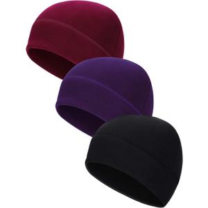 3 Pieces Winter Warm Skull Cap Soft Fleece Beanie Hat Thick Windproof Watch Cap Skiing Outdoor Warm Colored for Men Women(Black, Dark Red, Purple, One Size)