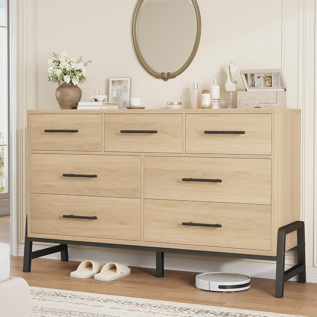 GarveeHome 7 Dresser for Bedroom, 52" Wide Dresser, Wide Drawer with Storage Freestanding, Wooden Closet Storage Chest for Living Room, Bedroom, Entryway, Natural Oak