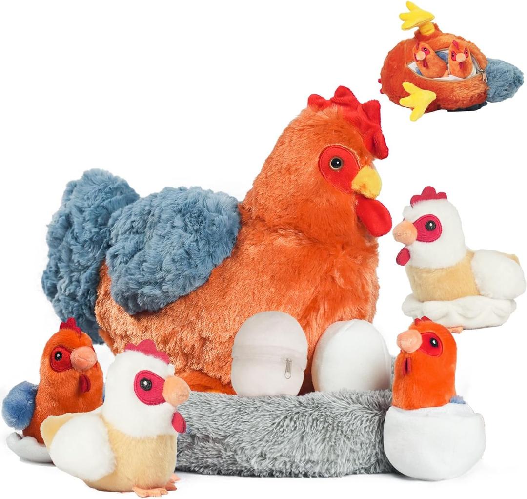 9 in 1 Chicken Stuffed Animal Set, Zippered Stuffed Chicken Plush Toys Egg Laying Hen with Eggs, Baby Chicks Plush Chickens and Coop for Kids Girls BoysBirthday (Color-2)