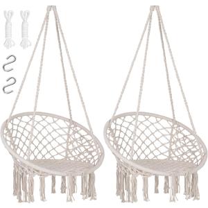 SUNCREAT Hammock Chair Macrame Swing with Side Pocket, Hanging Cotton Rope Hammock Swing Chair for Indoor and Outdoor Use, 330 lbs Capacity, Pack of 2, Beige