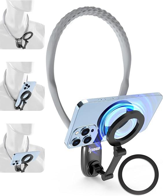 IPOW Magnetic Neck Mount for Phones, Neck Cell Phone Holder POV/Vlog Selfie Mount Hand Free Phone Neck Holder Chest Stand Strap Video Recording for iPhone 16 15 14 13 12 Seires, Grey