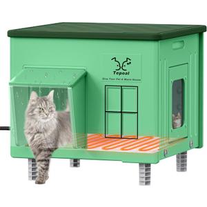 Indestructible Heated Cat House for Outside - Extramely Waterproof & Weatherproof Heated Outdoor Cat House with Escape Door for Winter, Insulated Feral Cat Shelter for Barns Strays, 17.7x17x17.5 in