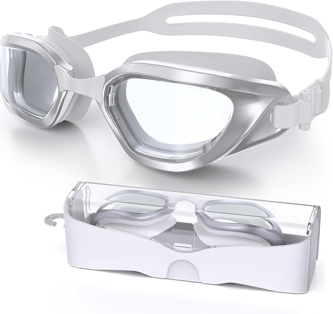 Swim Goggles, Unisex Adult Swimming Goggles Anti Fog Anti UV No Leakage Wide View for Men Women Youth (White Silver/Clear)