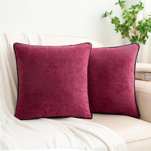 HWY 50 Soft Faux Chenille Throw Pillow Covers 18x18 Inch Pack of 2 with Black Velvet Piping Edge, Farmhouse Style Decorative Cushion Cases for Sofa Bed Living Room, Burgundy Red