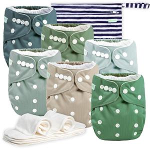 Wegreeco Cloth Diapers 6 Pack with Inserts & Wet Bag, Washable Reusable Diapers for Babies, One Size Adjustable (Morandi Green)