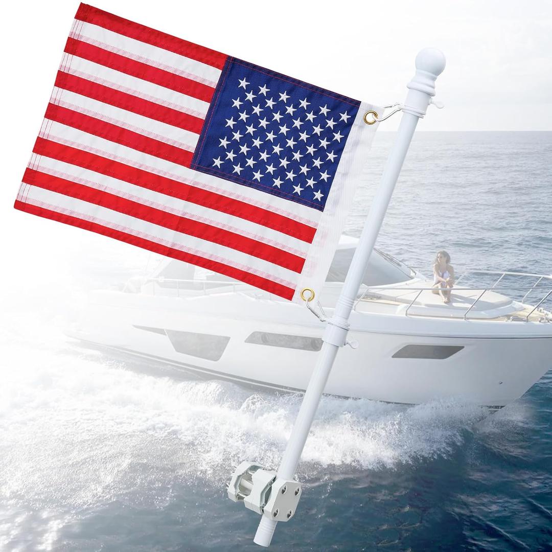 Boat Flag Pole, 5FT Boat Flag Pole Kit Rail Mount with 12x18 inch Embroidered American Flag, No Drilling Flag Pole Holder for 0.5-1.1 Inch Rails (White)