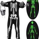 Halloween skeleton costume kids,glow in the dark skeleton costume on both sides Skuller candy bag for boys and grils (Medium, Black)
