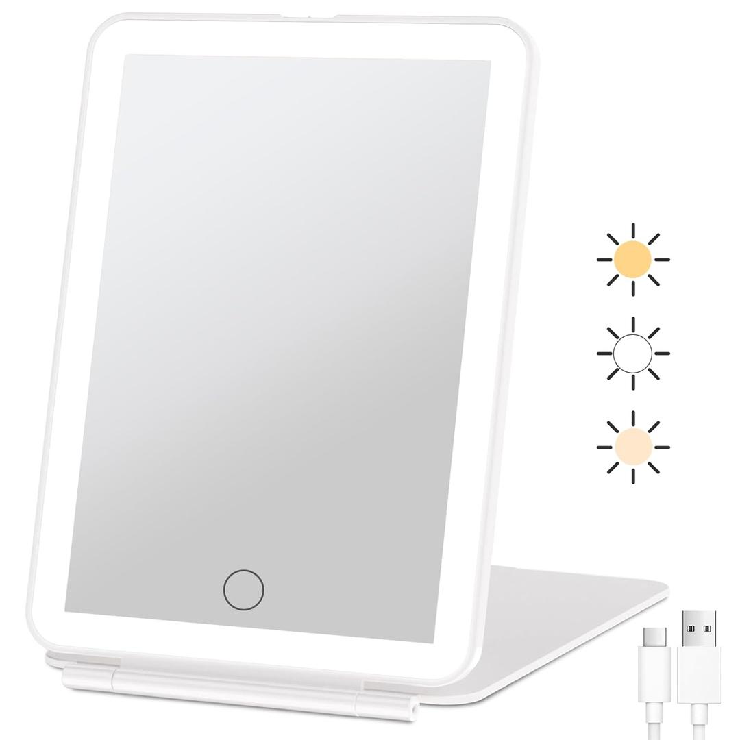 FUNTOUCH Rechargeable Travel Makeup Mirror with 72 Led Lights, Portable Lighted Beauty Mirror, 3 Color Lighting, Dimmable Touch Screen, Tabletop LED Folding Cosmetic Vanity Mirror (White)