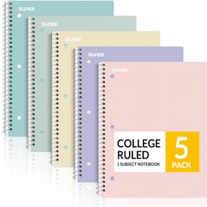 SUNEE Spiral Notebooks, 1-Subject, 5 Pack, College Ruled Paper, 8" x 10-1/2", 70 Sheets per Notebook,3-Hole Punched Paper, Pink,Purple, Blue, Green, Yellow Spiral Lined Notebooks for School,Work
