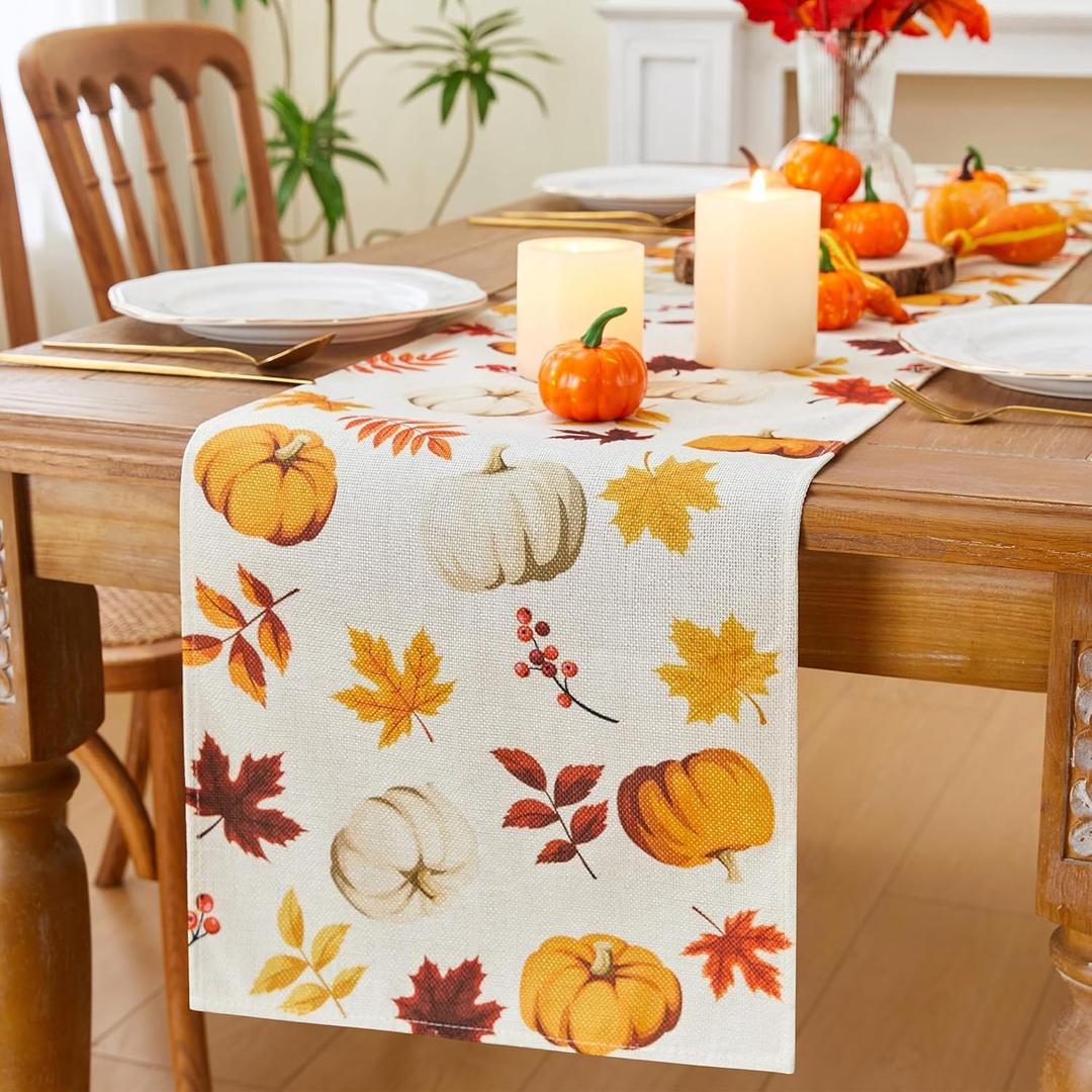 2 x Thanksgiving Fall Table Runner Pumpkins Maple Leaf Fall Runner for Table Seasonal Holiday Autumn Thanksgiving Decoration 13x48 Inch