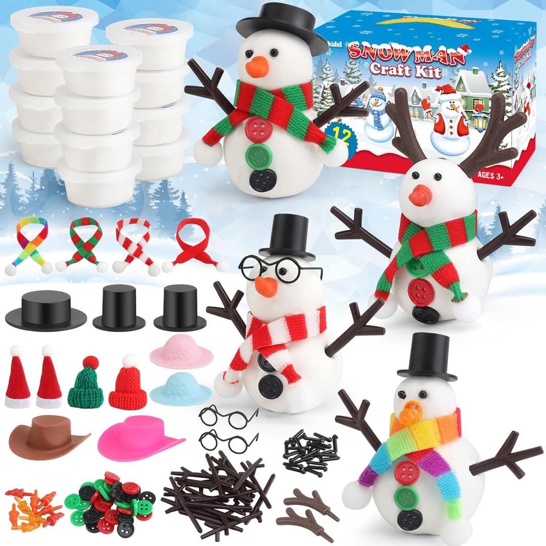 wookidel 12Pack Build a Snowman Kit Snowman Crafts for Kids, Molding Clay Snowman Building Kit, Christmas Stocking Stuffers for Kids and Adults, Christmas Ornament Gift