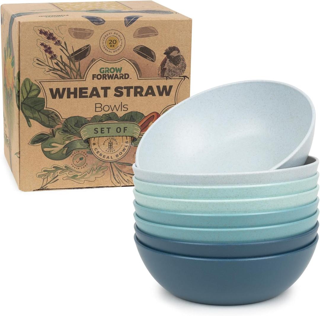 Grow Forward Premium Wheat Straw Bowls Set of 8 - Reusable 20oz Hard Plastic Cereal Bowls - Unbreakable Microwave Safe Bowls for Kitchen, Camping, RV, Dessert, Soup, Salad, Ramen, Eating - Seascape