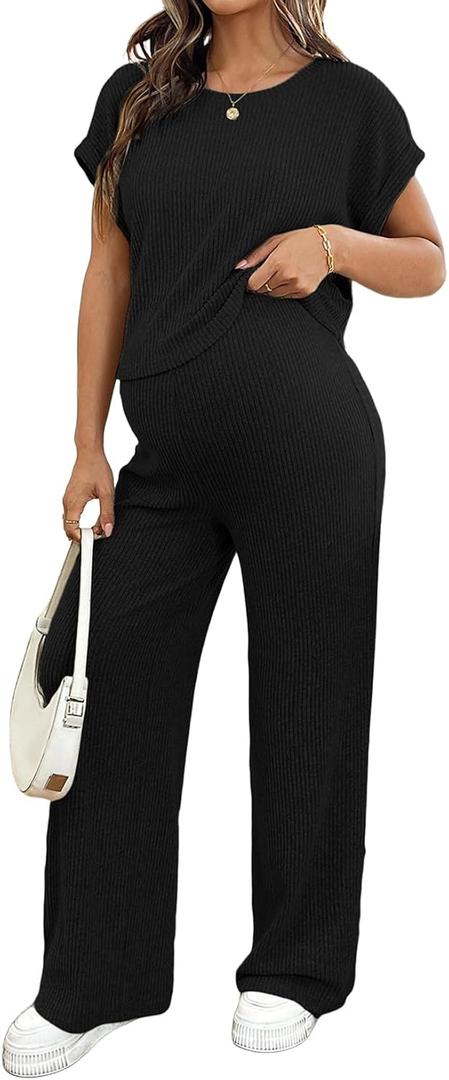 BLENCOT Maternity Clothes Ribbed Short Sleeve Maternity Pajamas Sets Sleepwear Lounge 2 Piece Matching Outfits Set Large