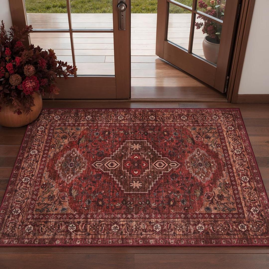 Tangsoo Red 2x3 Washable Entryway Rugs Oriental Vintage Non Slip Small Area Rug, Boho Indoor Front Door Rug, Door Mat Indoor Entrance Soft Low Pile Throw Rugs for Entry Kitchen Living Room Dark Red
