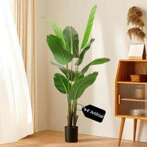 4FT Artificial Bird of Paradise Plant, Lifelike Faux Tropical Tree with 10 Lush Banana Leaves, Tall Artificial Plants Indoor for Living Room Bedroom Decor, Black Pot(4FT)