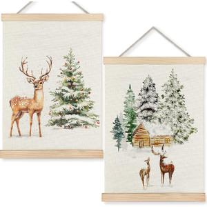 URLLUAE Christmas Tree Deer Winter Forest Wall Art Posters, Rustic Snow Covered Christmas Tree Cabin Winter Scene Poster Hanger Frame for Home Bedroom Living Room Wall Decor, 12x16 Inch Set of 2
