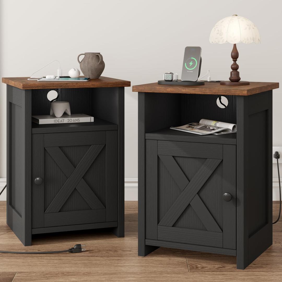 AURINEST Farmhouse End Table Set of 2 w/Charging Station, Nightstands w/Barn Door & Storage Shelf, Rustic Bedside Table for Living Room, Bedroom, Entryway, Office, Small Spaces, Black, 13.8"D x15.8"W x 23.5H"