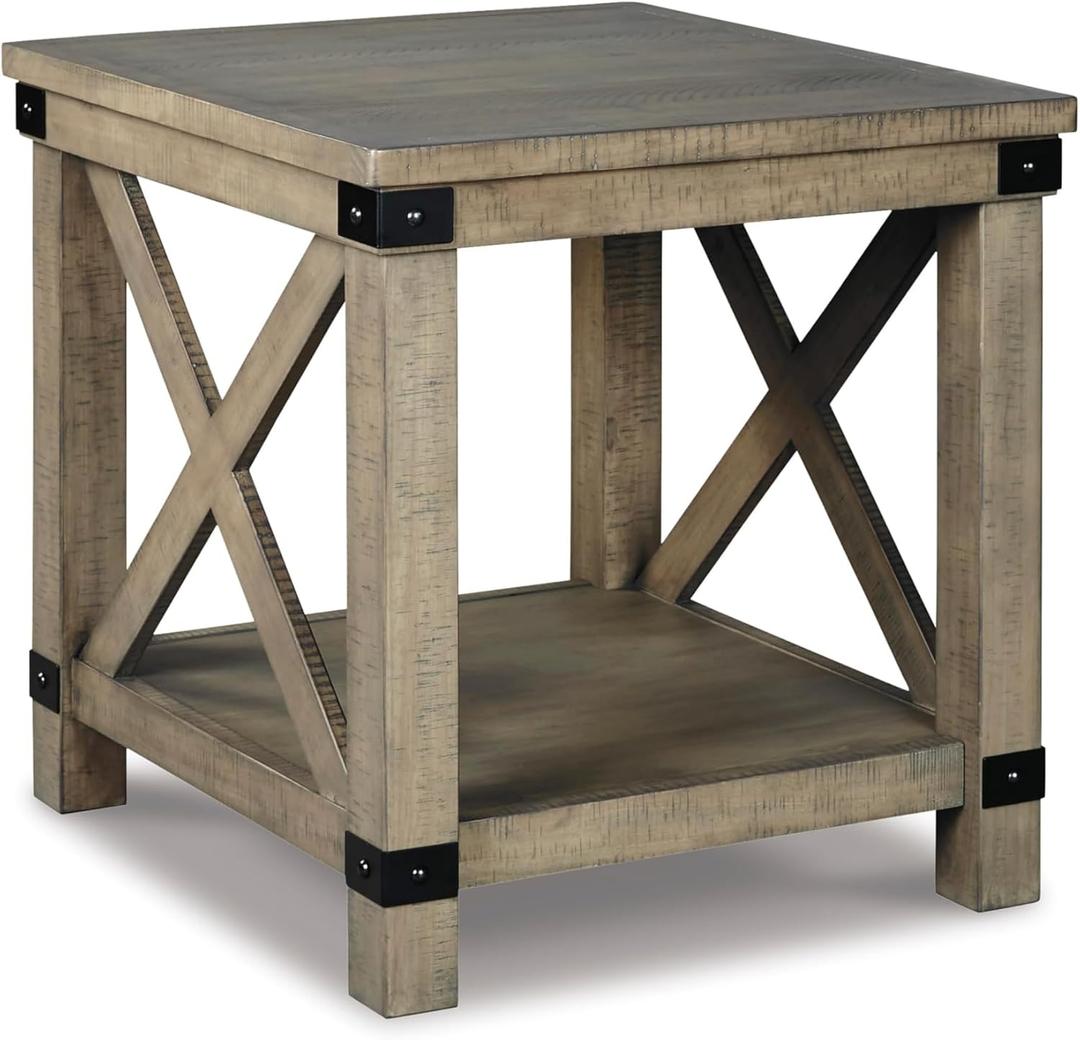 Signature Design by Ashley Aldwin Casual Farmhouse Rectangular End Table with Crossbuck Details, Metal Bracket Accents, Wood, 25" High, Weathered Gray, 26" W x 24" D x 25" H
