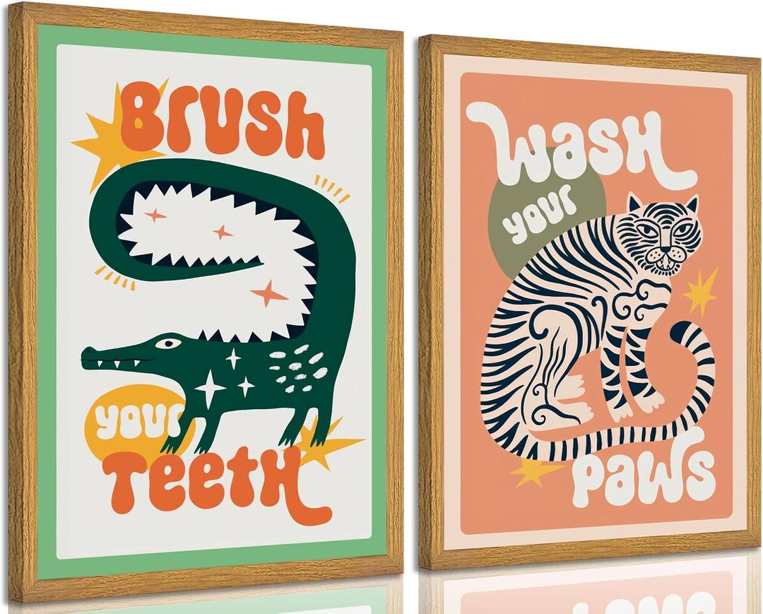 2Pcs Framed Funny Bathroom Animal Canvas Wall Art Tiger Wash Your Paws Poster Print Artwork Funky Maximalist Painting Picture Wall Decor for Apartment Living Room Bathroom Home Decoration