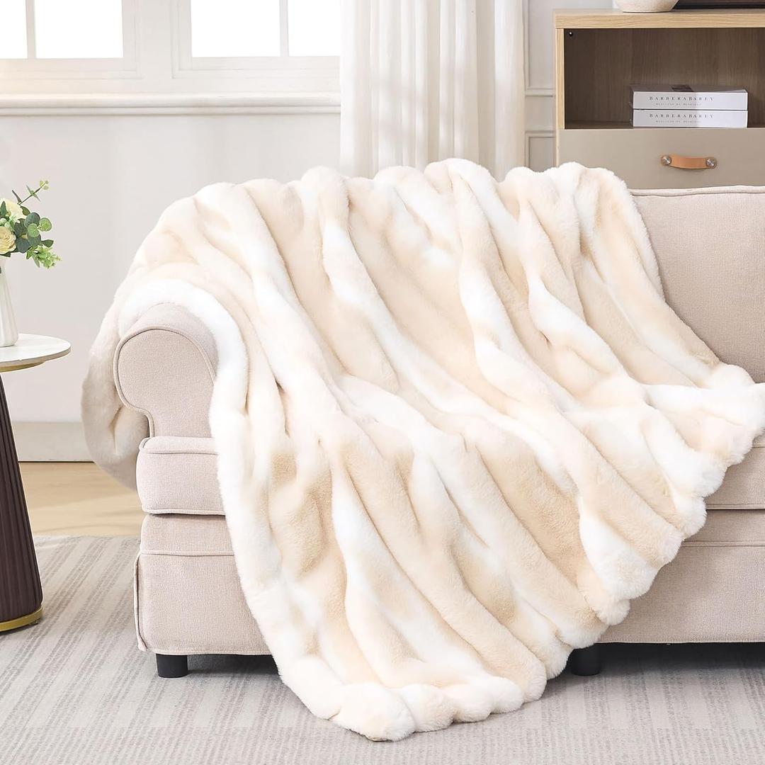 Faux Rabbit Fur Throw Blanket  850GSM Thick & Warm, Ultra Soft Plush Blanket for Couch, Bed, Sofa, Ideal Gift for Women, 60"  80", Beige