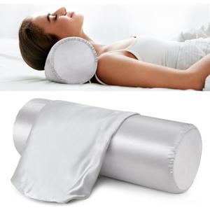Noverlife 2 Pack Satin Bolster Pillow Covers, 16x6 in Grey Neck Roll Case With Zipper, Soft Silky Round Pillowcases, Machine Washable Silk Cervical Cases for Skin (16in Light Gray - Satin)