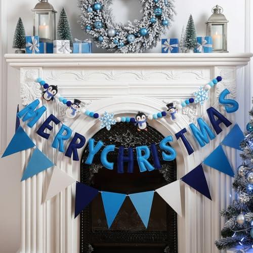 VitalCozy 3 pcs Pre Strung Merry Christmas Banner Felt Merry Christmas Garland Felt Pennant Flag Xmas Sign Outdoor Indoor Decoration for Holiday Party Supplies Home Porch(Blue, White, Winter)