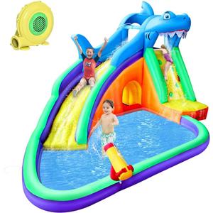 BESTPARTY Inflatable Kids Water Shark Slide, Pool Water Slide for Toddler, Bouncy Jumper, Splash Park for Outdoor Fun with Blower