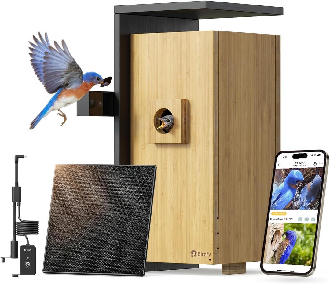 Birdfy Smart Bird House with Cameras 2025 New Version,1080P Dual-Cam, Remote Control,Solar Powered, AI Identify, Wireless Outdoor Watch Bluebird Cardinal Nesting Story in Realtime, DIY Gift (Bamboo)