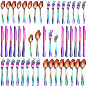 40 Piece Rainbow Silverware Set, Stainless Steel Flatware Set for 8 Colorful Cutlery Utensil Set Include Knife Fork Spoon Food Grade Mirror Polished Dishwasher Safe