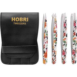 Tweezers Set, Eyebrows Tweezers Set Professional Stainless Steel Tweezers Set - 4 Pieces with Leatherette Travel Case Perfect for Facial Hair, Beauty and Personal Care Tool (Leaves Print)