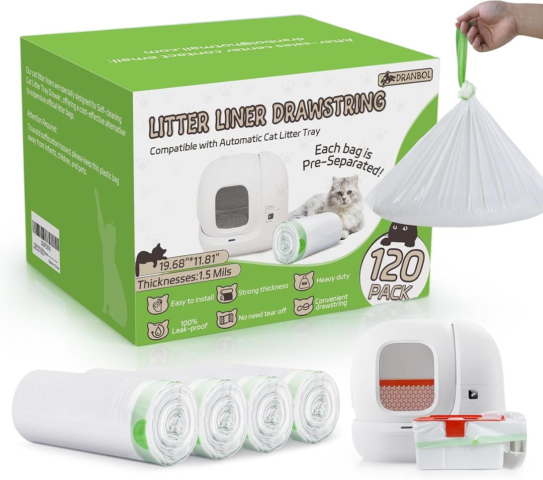 120 Pack Cat Litter Box Liners for PET KIT Pura MAX & X, Extra Thick Heavy Duty Drawstring Self-Cleaning Robot Litter Bags, Leak-proof Disposable Replaced Pet Kitty Poop Trash Bag 21.7" * 11.8"