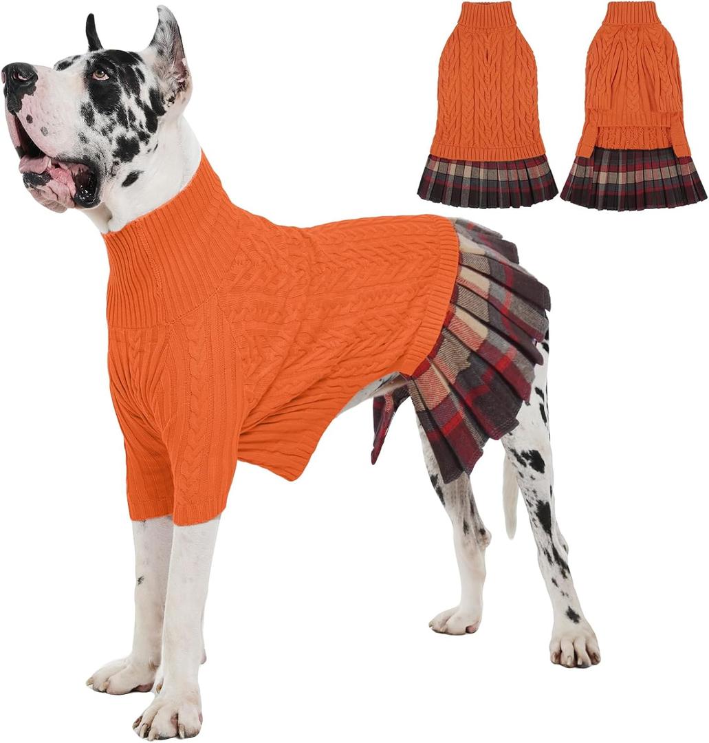 IECOii Girl Dog Sweater Dress, Great Dane Sweaters for Girl Dogs, Orange, 5XL, Extra Large Dog Sweater for Female Dogs Pet Winter Dress for Giant Breeds - Xmas Turtleneck Knitwear for Cold Weather (5XL) Chest:41.34 in/105 cm))
